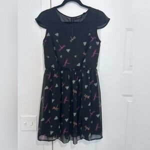 Dex Black Midi Dress with Colourful Dragonfly Print Size Small